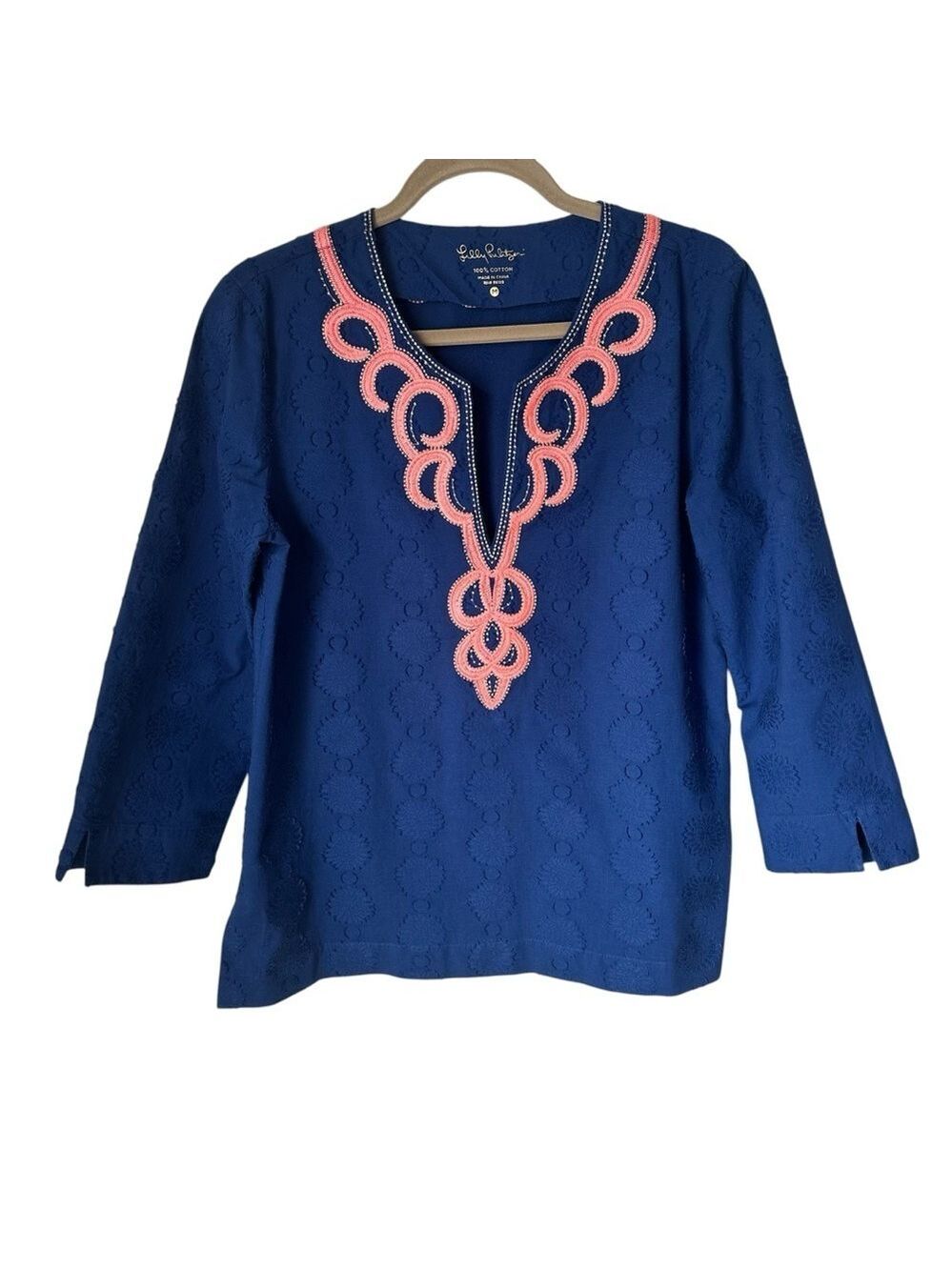 Lilly Pulitzer Amelia Island V Neck Tunic Top Navy Blue Beaded Coral Pink Med - Picture 4 of 10